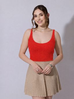SHOWOFF - Women Knitted Red Fuzzy Sleeveless Crop Top
