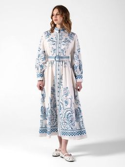 SHOWOFF - Women Floral White and Blue Dress with Belt