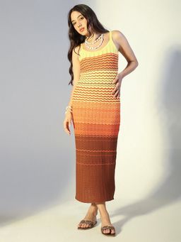 SHOWOFF - Women Colour blocked Brown Chevron Knit Dress