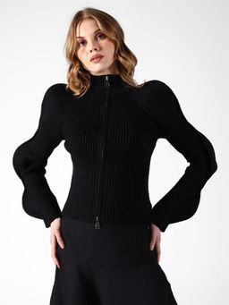 SHOWOFF - Women Ribbed Black Sculpted Sleeve Top
