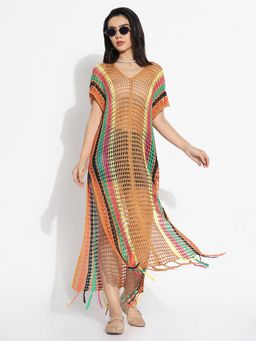 SHOWOFF - Women V-Neck Camel Brown Striped Sheer Longline Top