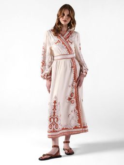 SHOWOFF - Women Printed Cream Wrap Dress with Belt