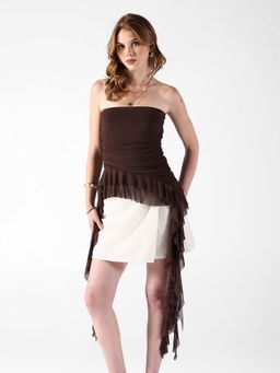 SHOWOFF - Women Brown Strapless Asymmetrical Ruffle Detail Top