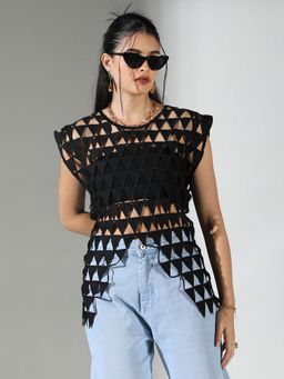 SHOWOFF - Women Triangle Cut Out Black Asymmetric Top