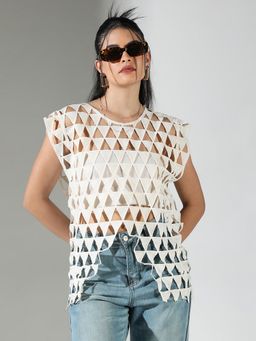 SHOWOFF - Women Triangle Cut Out Off White Asymmetric Top