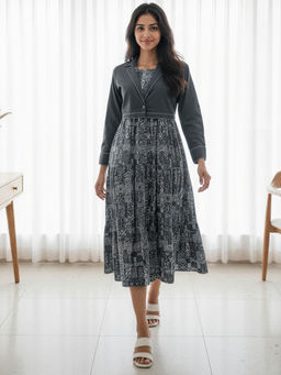 ZUMMER - Grey Cotton Printed Fit And Flare Dress with Embroidered Jacket