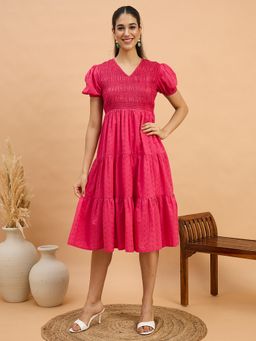 ZUMMER - Schiffli Magenta Smocked Tiered Dress