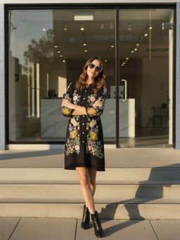 ZUMMER - Black Rayon Floral Embroidered Short Dress