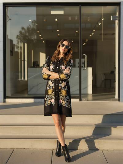 Black Rayon Floral Embroidered Short Dress