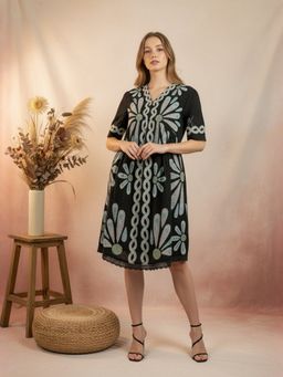 ZUMMER - Cotton Black Embroidered Empire Knee Length Dress