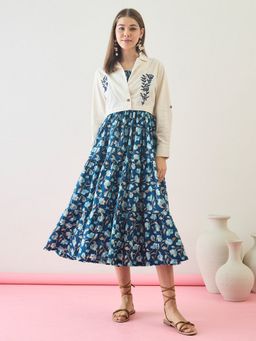 ZUMMER - Cotton Navy Blue Printed Fit And Flare Dress with Embroidered Jacket