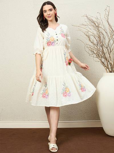 Cotton Off white Floral Embroidered Dress with Belt