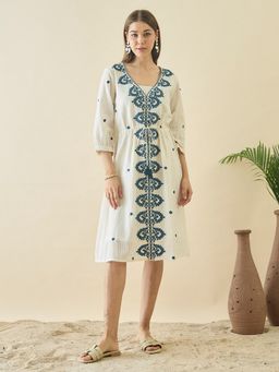 ZUMMER - Cotton Off White Floral Embroidered A-Line Dress with Belt