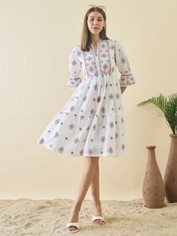 ZUMMER - White Cotton Floral Embroidered Puff Sleeve Dress with Belt