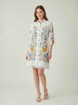 ZUMMER - White Cotton Floral Embroidered Short Dress