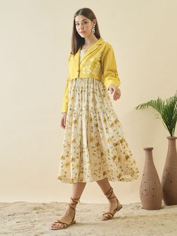 ZUMMER - Cotton Yellow Printed Fit And Flare Dress with Embroidered Jacket