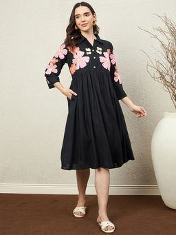 ZUMMER - Rayon Black floral embroidered Shirt Collar Dress