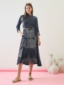 ZUMMER - Navy Blue Rayon Printed Fit And Flare Dress with Belt