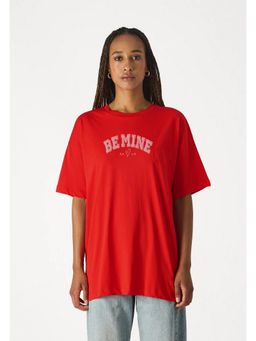 MISCHIEF MONKEY - Women Red Cotton Typography Oversized Fit T-Shirt