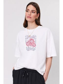 MISCHIEF MONKEY - Women White Cotton Typography Oversized Fit T-Shirt