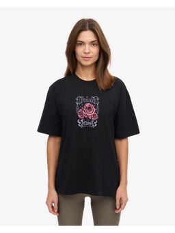 MISCHIEF MONKEY - Women Black Cotton Typography Oversized Fit T-Shirt