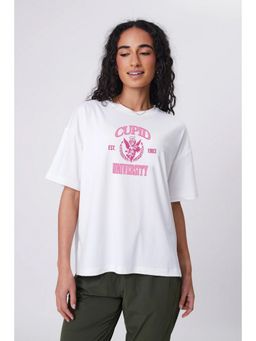 MISCHIEF MONKEY - Women White Cotton Typography Oversized Fit T-Shirt
