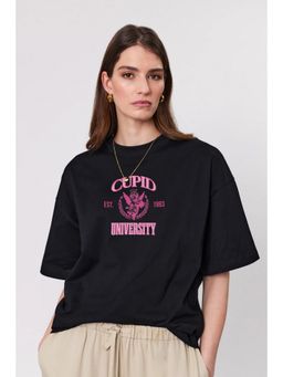 MISCHIEF MONKEY - Women Black Cotton Graphic Oversized Fit T-Shirt