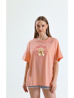 MISCHIEF MONKEY - Women Peach Cotton Graphic Oversized Fit T-Shirt