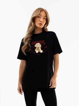 MISCHIEF MONKEY - Women Black Cotton Graphic Oversized Fit T-Shirt