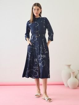ZUMMER - Rayon Navy blue Printed Fit And Flare Dress with Belt