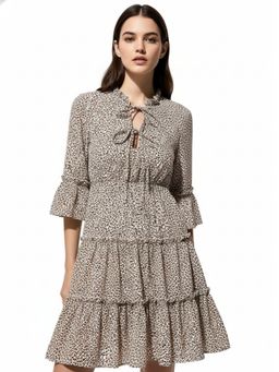 Outzidr - Khaki Front Knot Tiered Dress