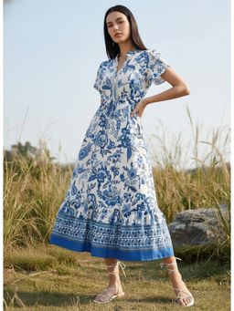 Outzidr - Blue Short Sleeve Collared Neck Printed Dress