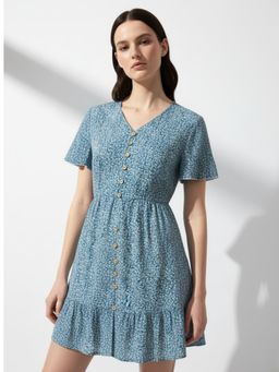 Outzidr - Blue Half Sleeve V Neck Tiered Dress