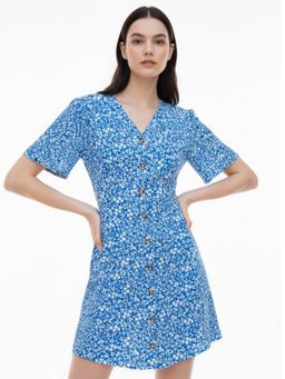 Outzidr - Blue Short Sleeve V Neck Printed Dress