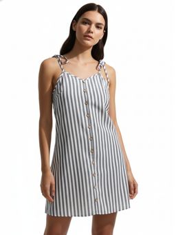 Outzidr - Grey Shoulder Strap Striped Dress