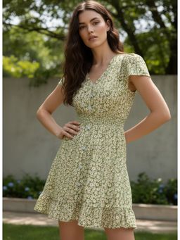 Outzidr - Green V-Neck Printed Ruffle Hem Dress