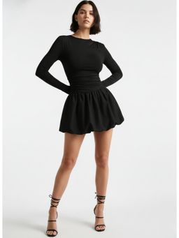 Outzidr - Black High Neck Bubble Hem Dress