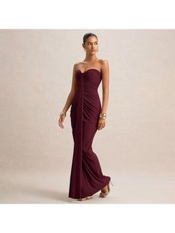 Outzidr - Wine Strapless Sweetheart Neck Front Pleated Dress