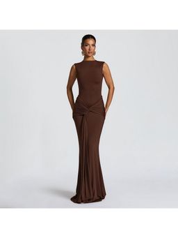 Outzidr - Brown Sleeveless Waist Tie-Up Dress