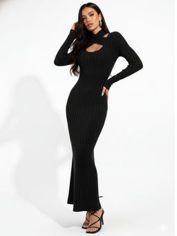Outzidr - Black High Neck Key Hole Dress