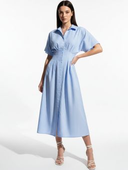 Outzidr - Blue Waist Fitted Collared Dress