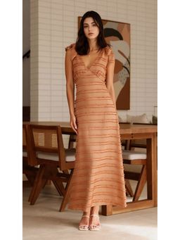 Outzidr - Orange Shoulder Tie-Up Textured Dress