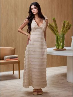 Outzidr - Beige Shoulder Tie-Up Textured Dress