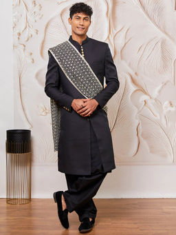 Vastramay - Men's Silk Blend Woven Sherwani Solid Kurta with Patiala and Dupatta (Set of 4)