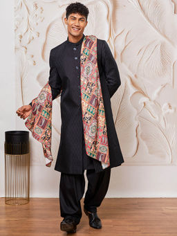Vastramay - Men's Silk Blend Textured Sherwani Solid Kurta with Patiala and Dupatta (Set of 4)