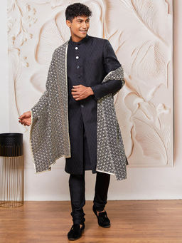 Vastramay - Men's Silk Blend Woven Sherwani Solid Kurta with Churidar and Dupatta (Set of 4)