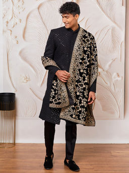 Vastramay - Men's Rayon Embroidered Sherwani Kurta with Pant and Dupatta (Set of 4)