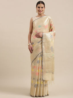Banarasi Silk Works - Beige Masrise Cotton Tilfi Jaal Zari Border Saree with Unstitched Blouse