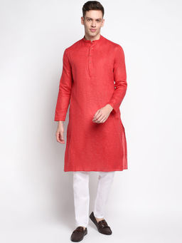 Devoiler - Men Self Design Red Cotton Kurta