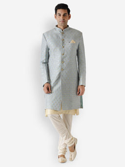 KISAH - Men Blue Textured Cotton Blend Kurta Indowestern Sherwani Churidar Set Ethnic Motifs